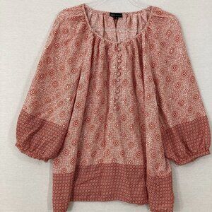 Jones New York Red Tan Patterned 3/4 Sleeve Peasant Popover Blouse 1X Soft Rayon